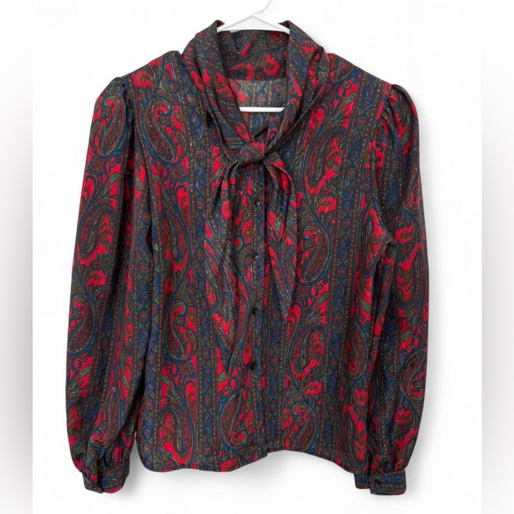 Women's Vintage Eva Laurel Paisley Print‎ Neck Tie Button Down Blouse Size 10